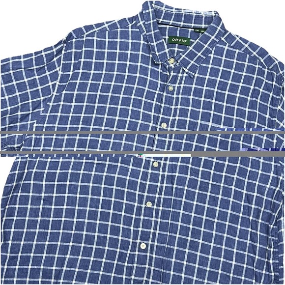 Orvis Linen Shirt Mens 2XL Blue Plaid Check Short Sleeve Outdoor Fishing Casual - Picture 2 of 9